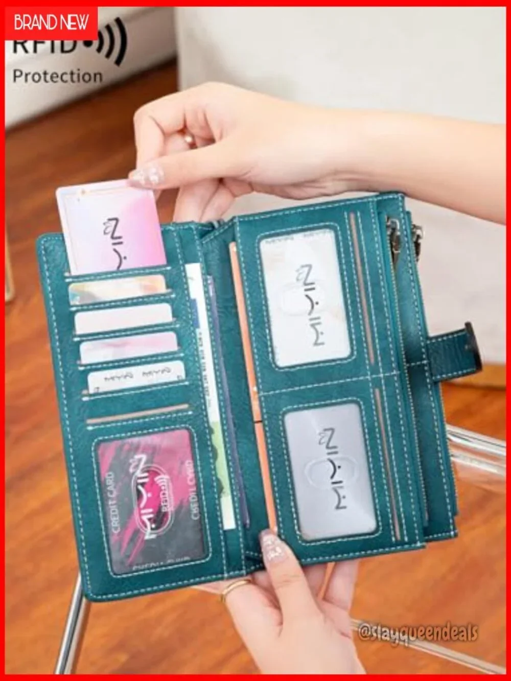 Slim RFID Blocking Bifold Wallet - 16 Card Slots, Zipper Pocket, PU Leather